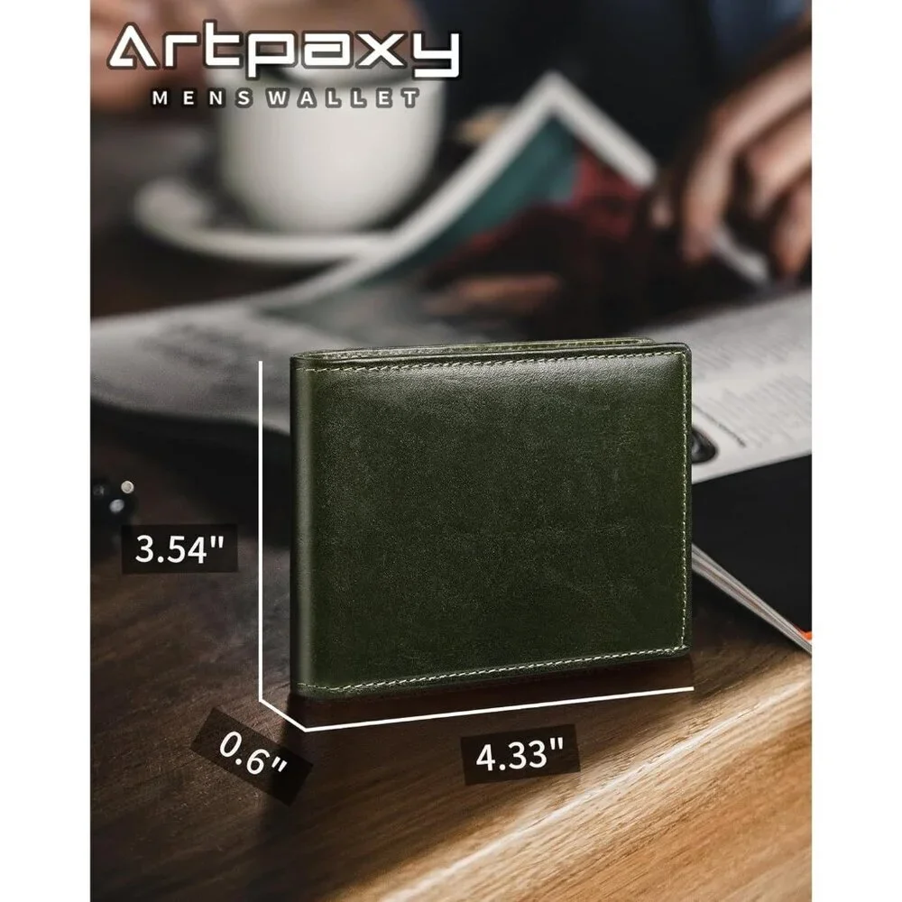 Men's Classic Bifold Wallet Card Green Style Genuine Leather 2 Cash Pockets
